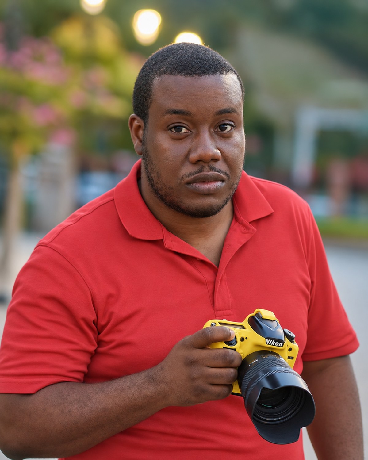 Jerian Lewis holding a camera at dusk